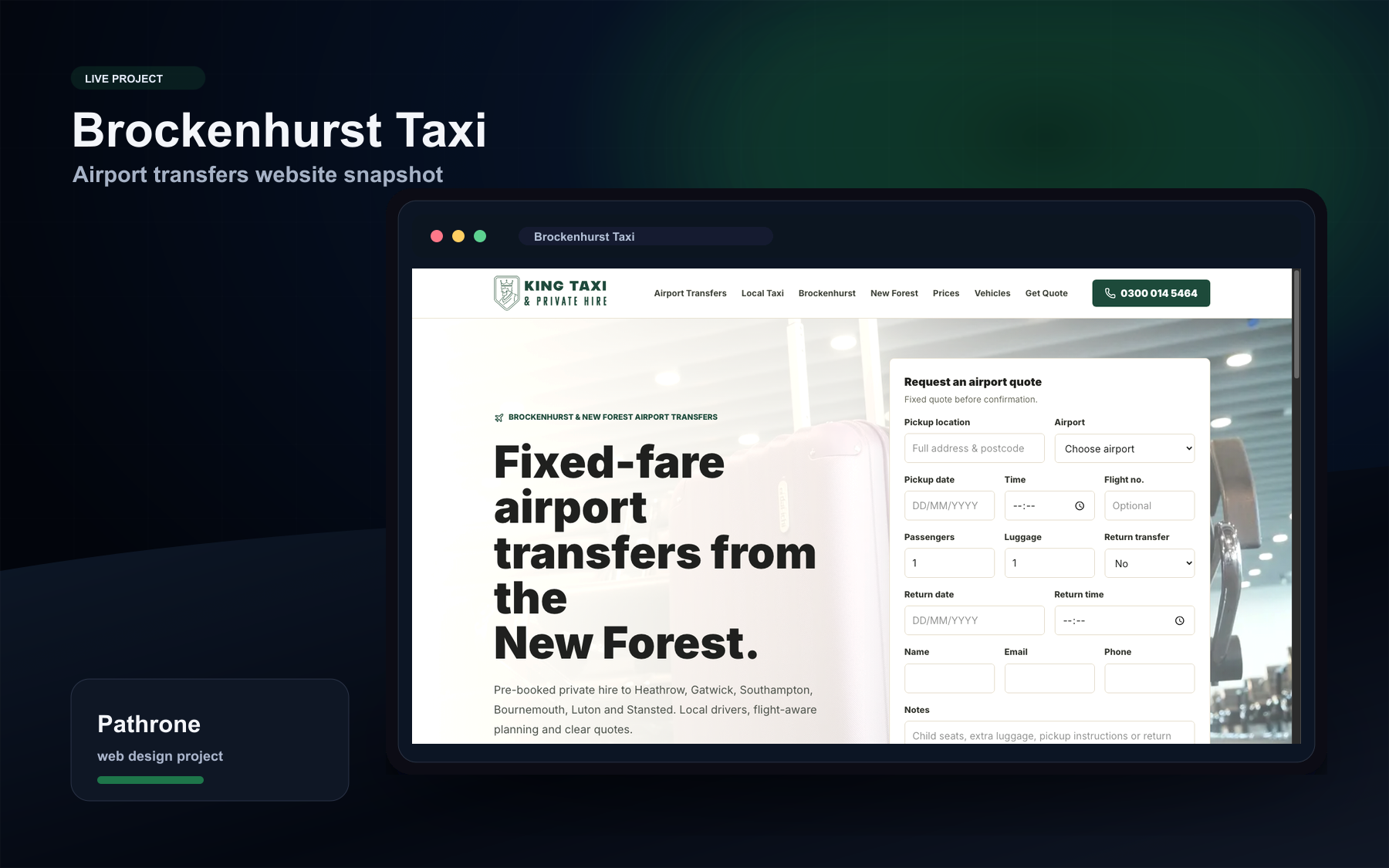 Brockenhurst Taxi website shown inside a Pathrone case study browser mockup.