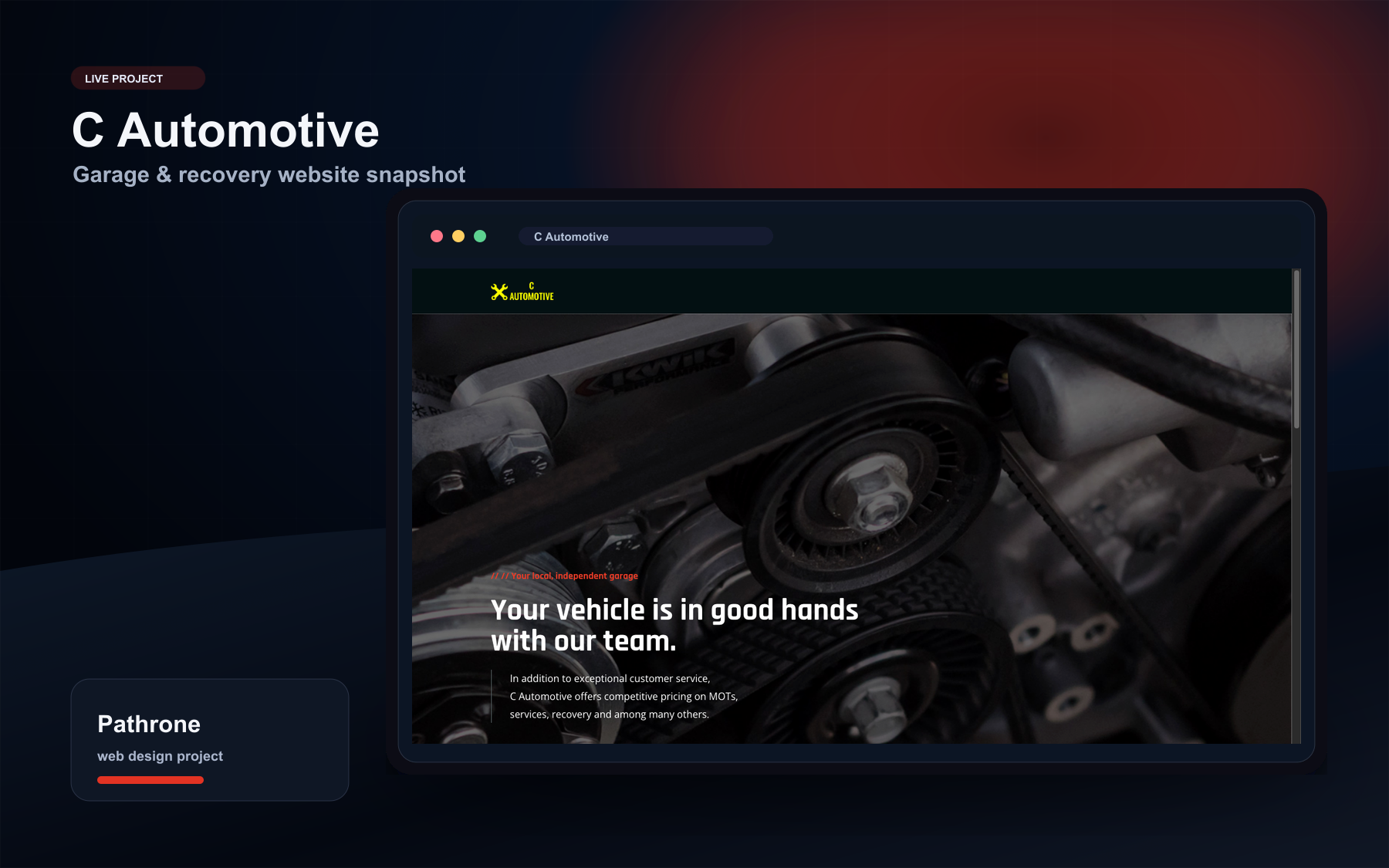 C Automotive website shown inside a Pathrone case study browser mockup.