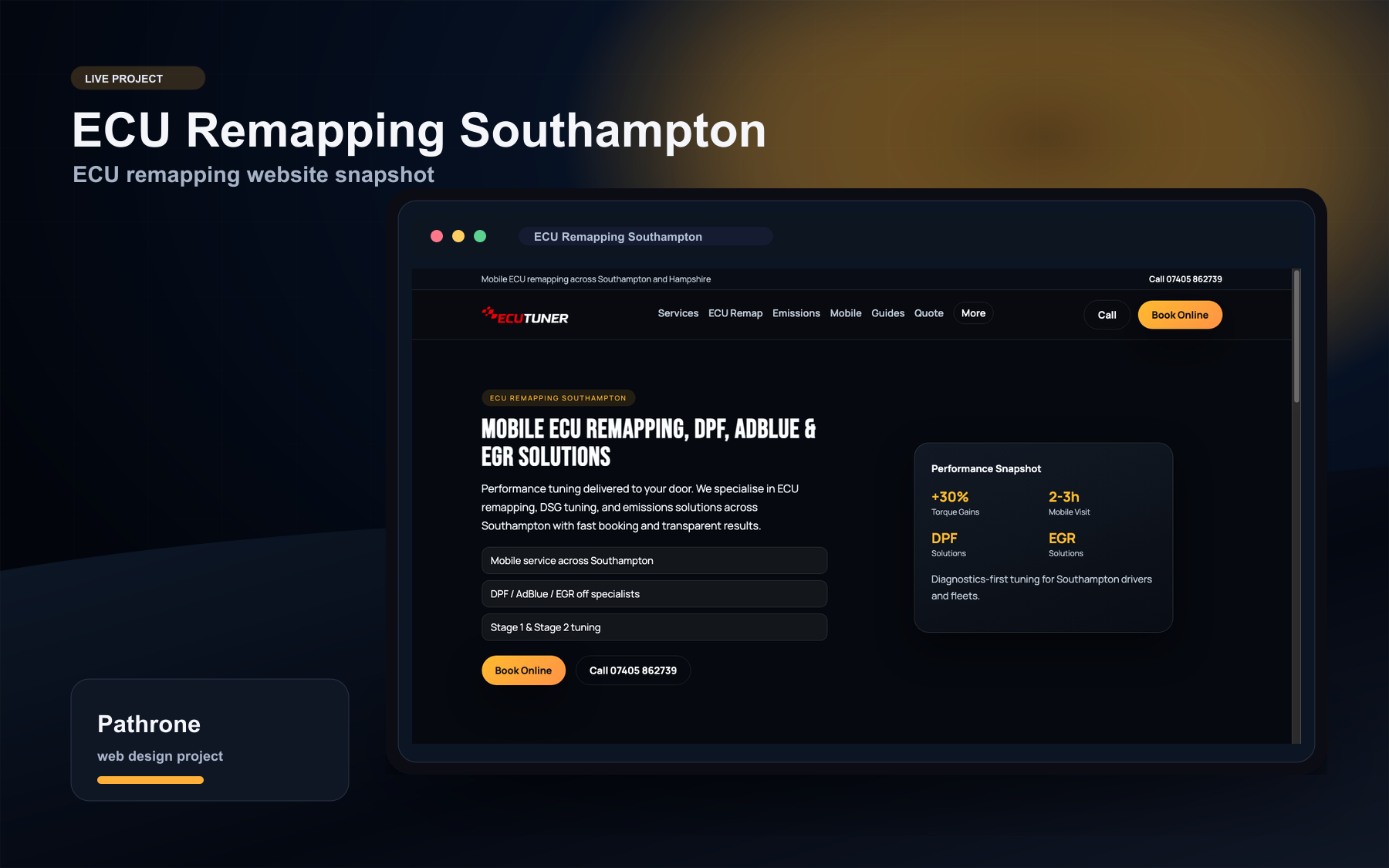 ECU Remapping Southampton website shown inside a Pathrone case study browser mockup.