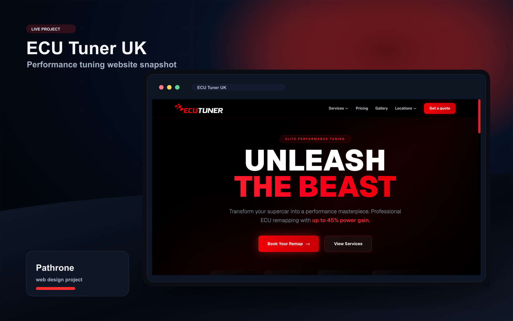 ECU Tuner UK website shown inside a Pathrone case study browser mockup.