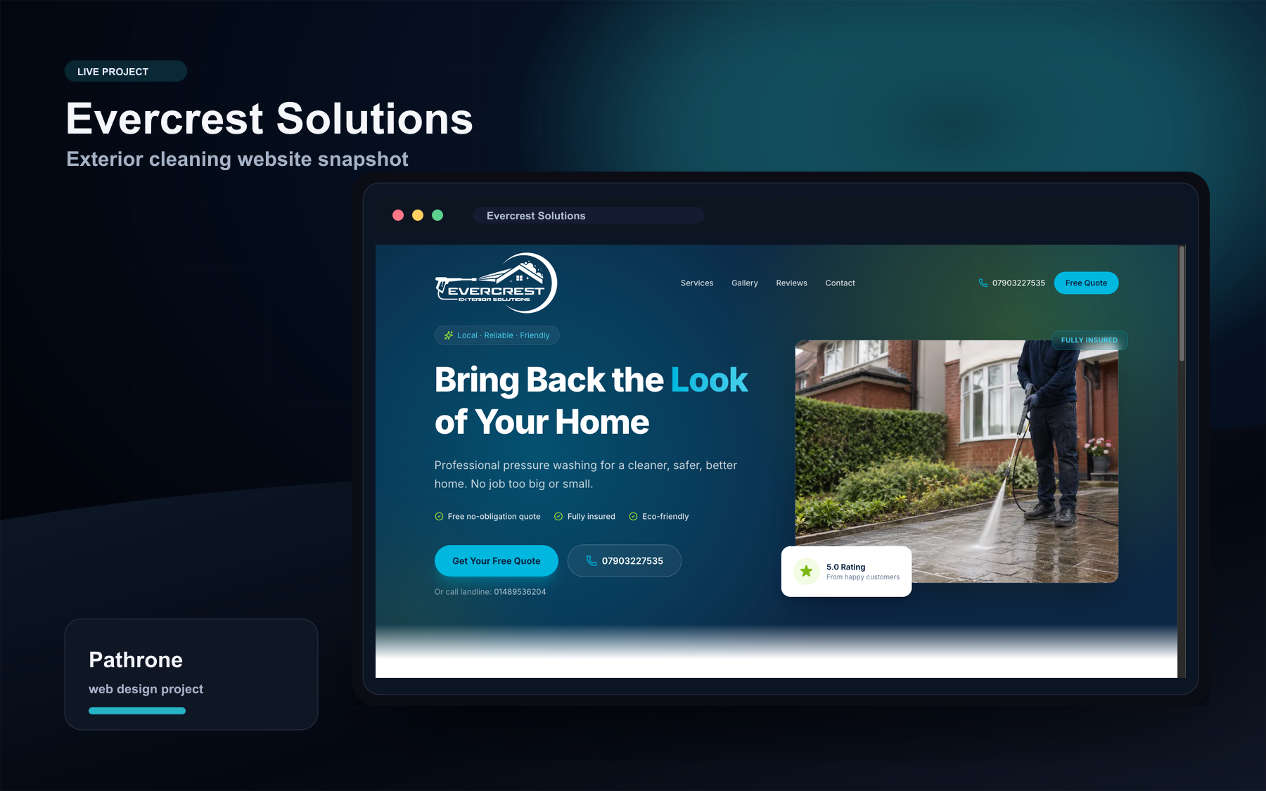 Evercrest Exterior Solutions website shown inside a Pathrone case study browser mockup.