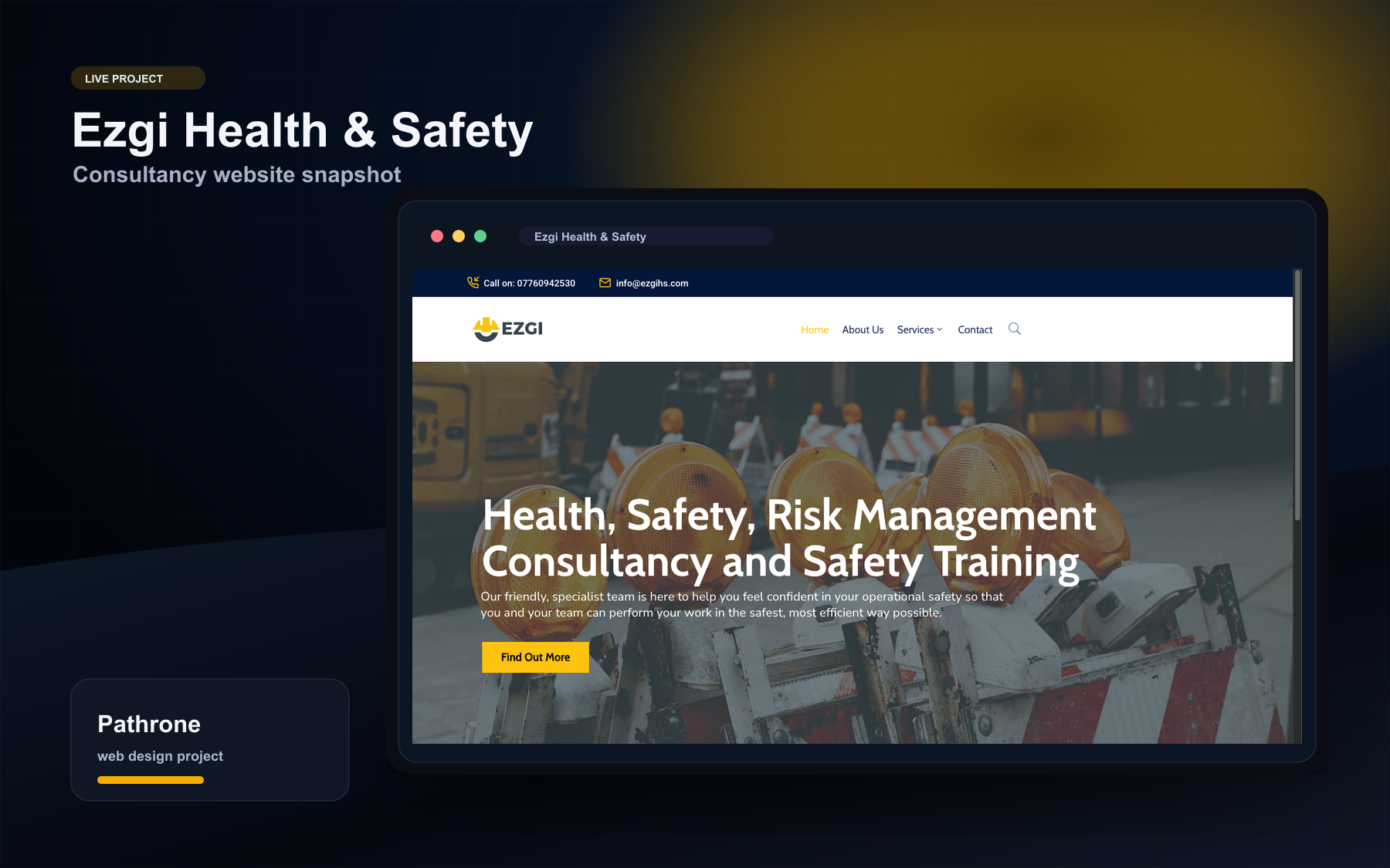 Ezgi Health and Safety website shown inside a Pathrone case study browser mockup.