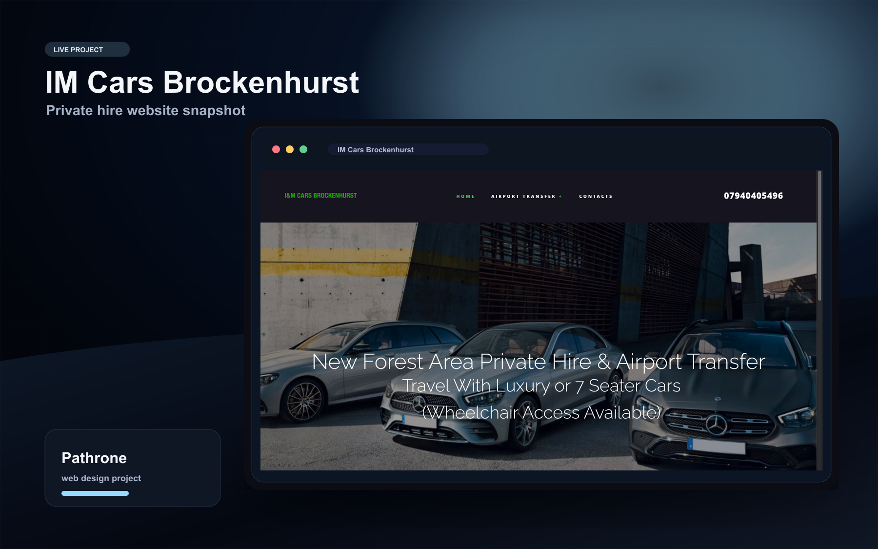 IM Cars Brockenhurst website shown inside a Pathrone case study browser mockup.