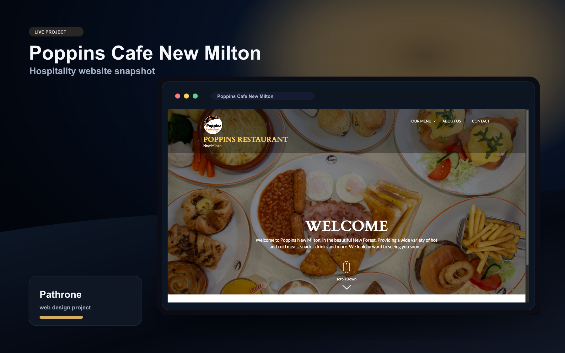 Poppins Cafe New Milton website shown inside a Pathrone case study browser mockup.