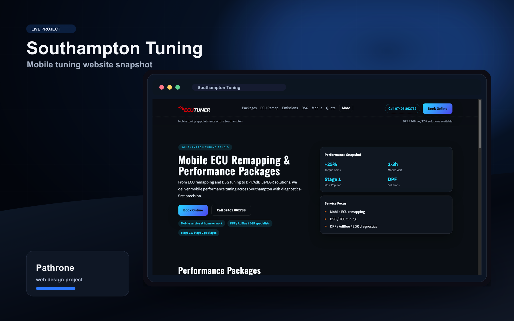 Southampton Tuning website shown inside a Pathrone case study browser mockup.