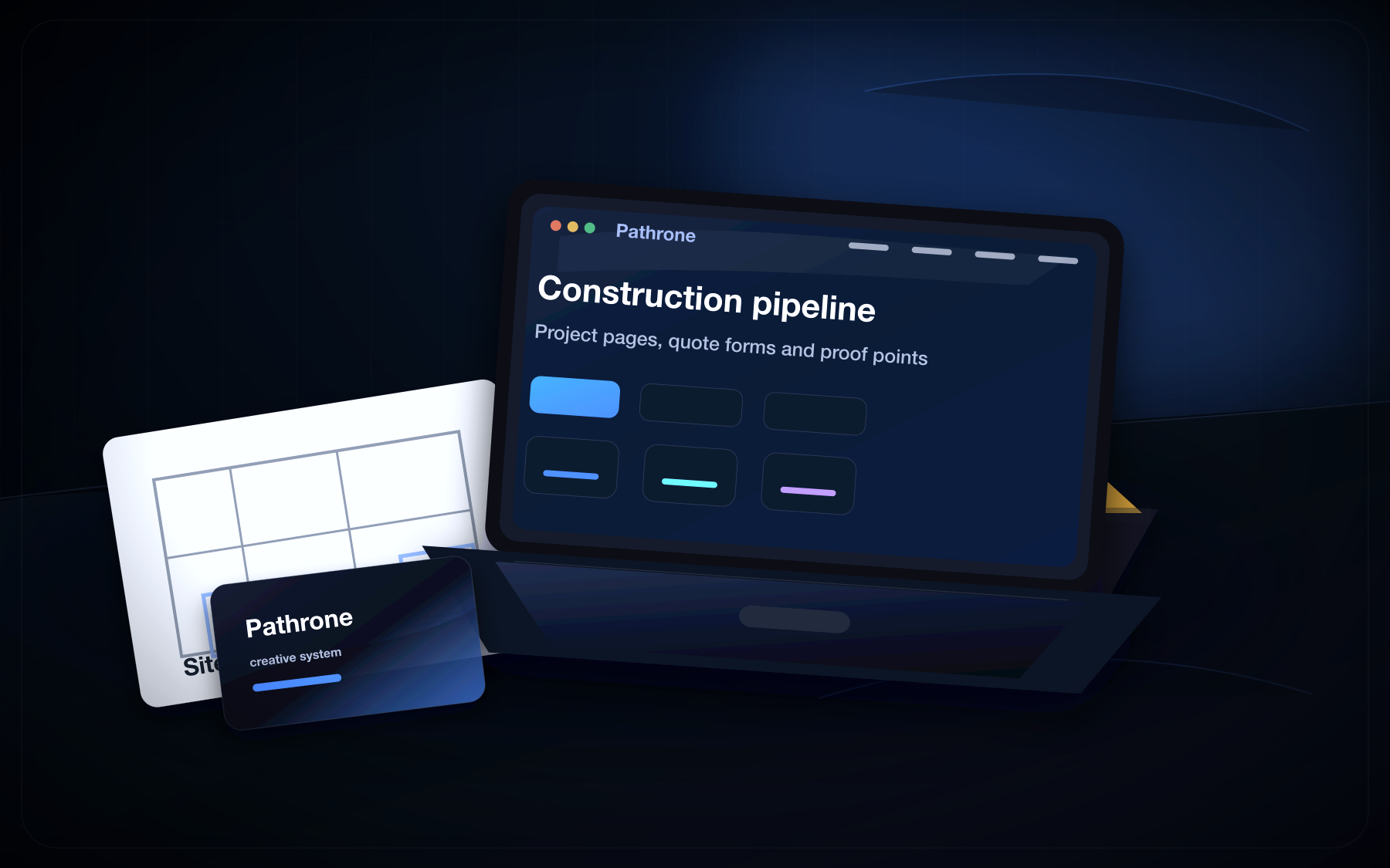 Custom Pathrone construction sector mockup with project website, plan graphic and brand card.