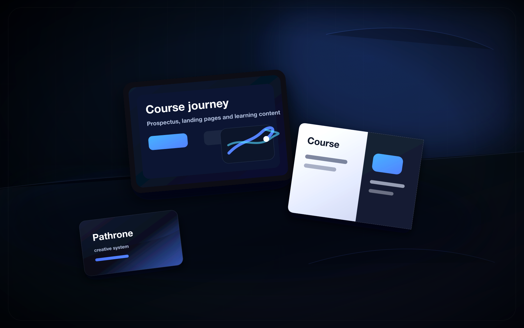 Custom Pathrone education sector mockup with course pages, prospectus and learning materials.