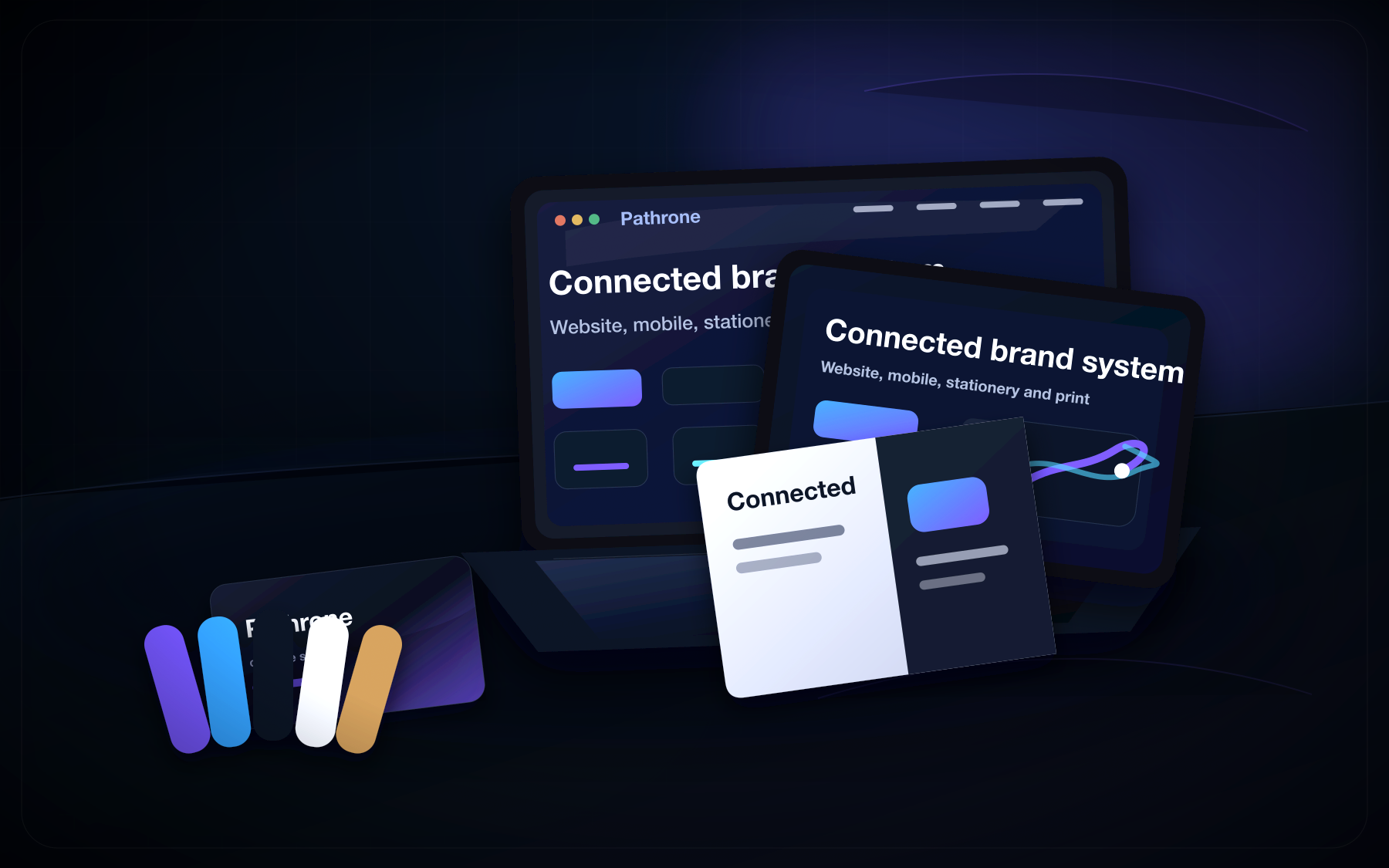 Custom Pathrone visual system mockup connecting website, mobile, brand and print materials.