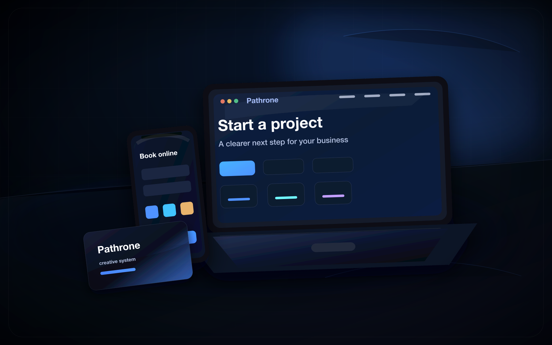 Custom Pathrone quote request mockup with website, mobile and brand card.