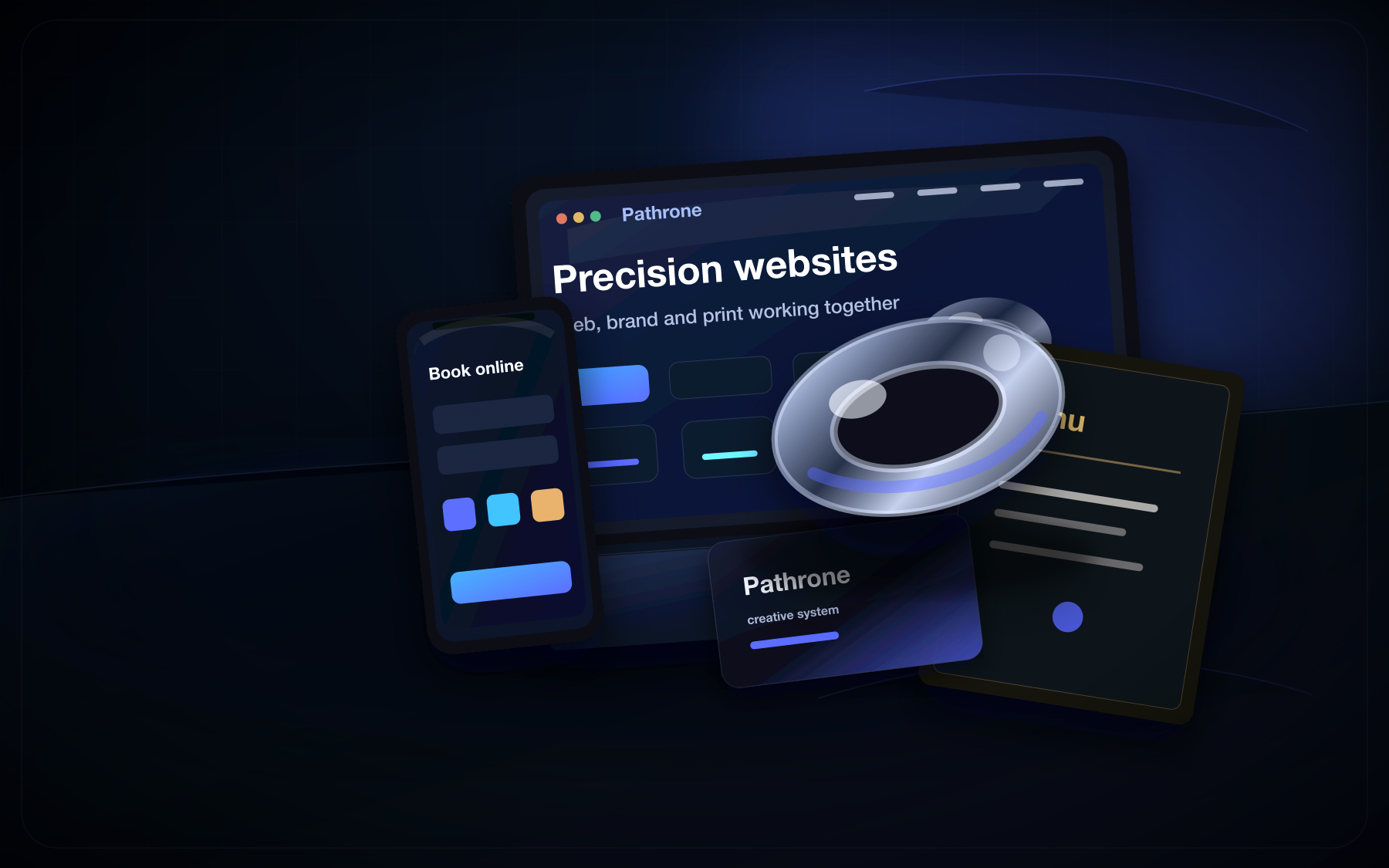 Custom Pathrone service hero mockup with website, mobile and print materials.