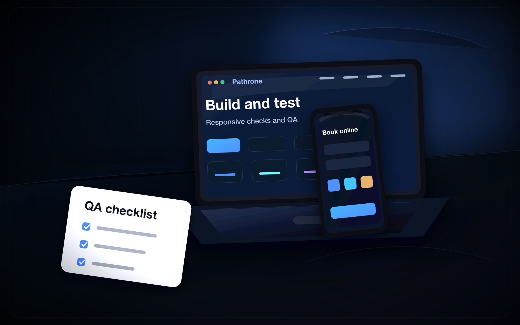 Custom Pathrone build and test process image with code, responsive previews and QA notes.