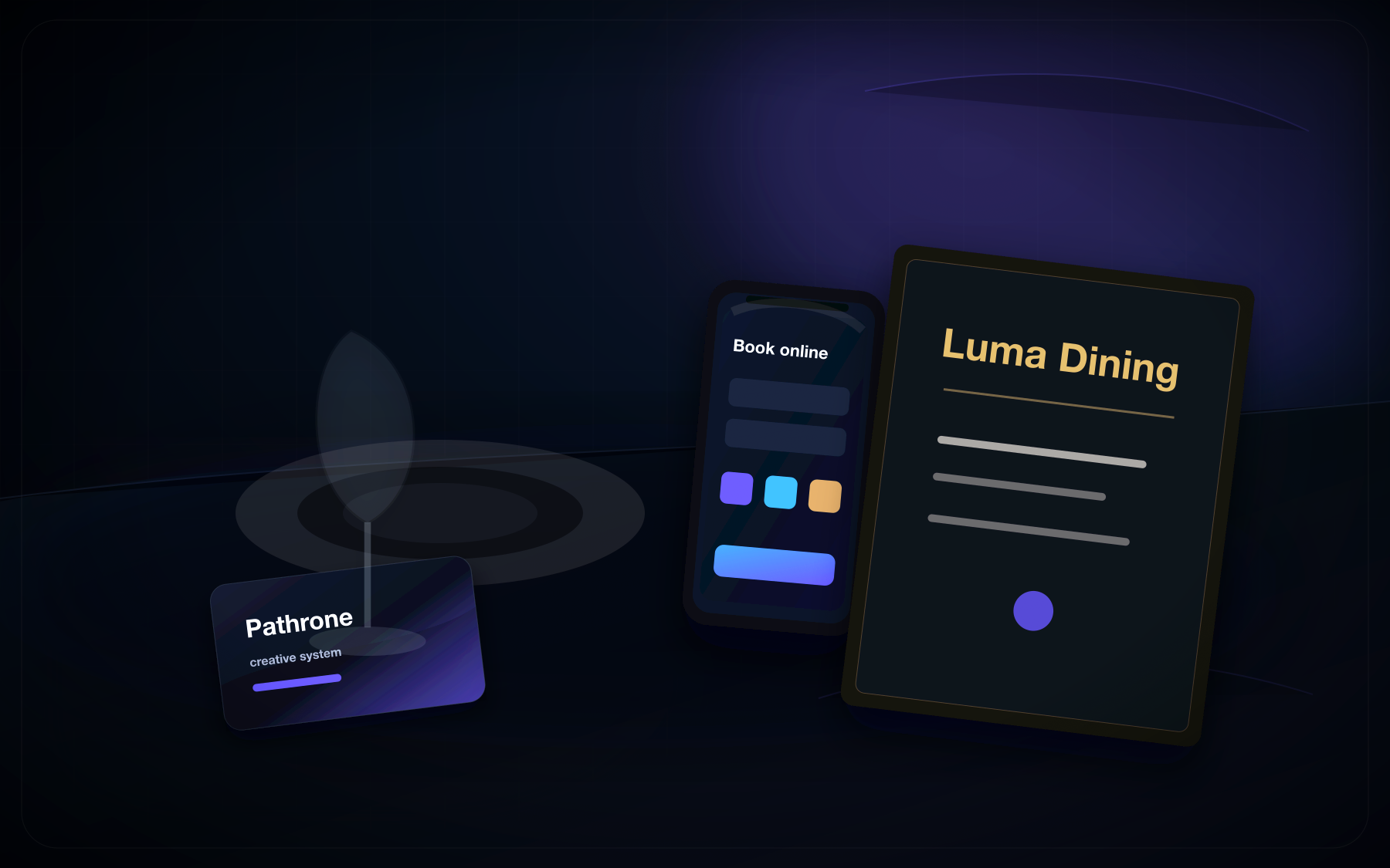 Custom Pathrone hospitality mockup with menu, booking website and brand card.