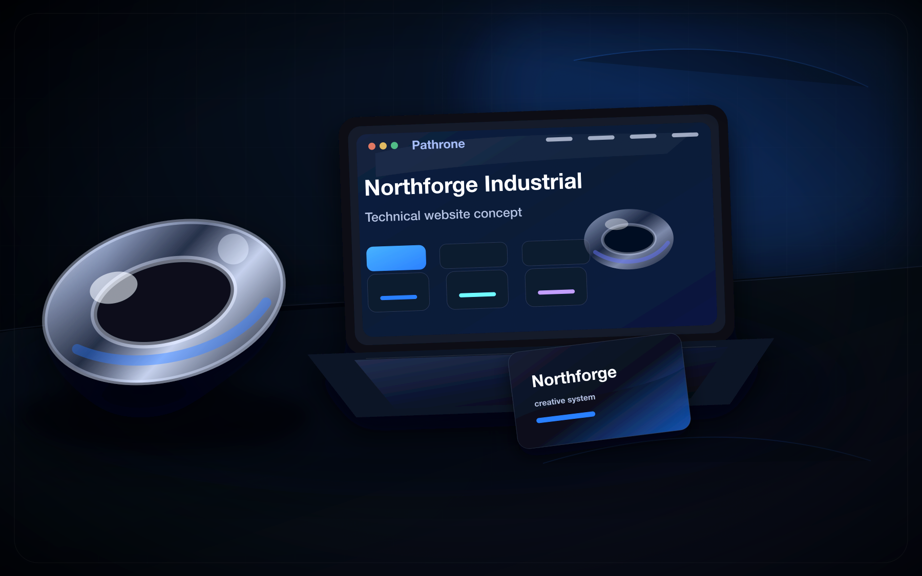 Custom Pathrone engineering and manufacturing mockup with technical website and metal components.