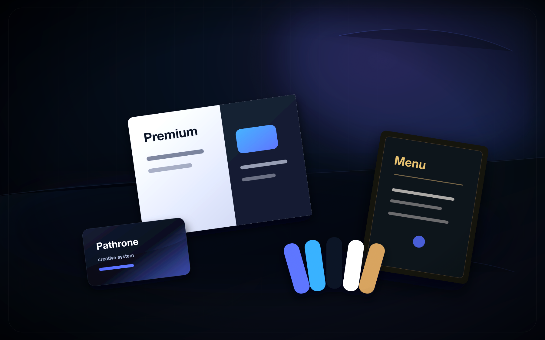 Custom Pathrone printing mockup with menus, brochures, cards and premium print samples.