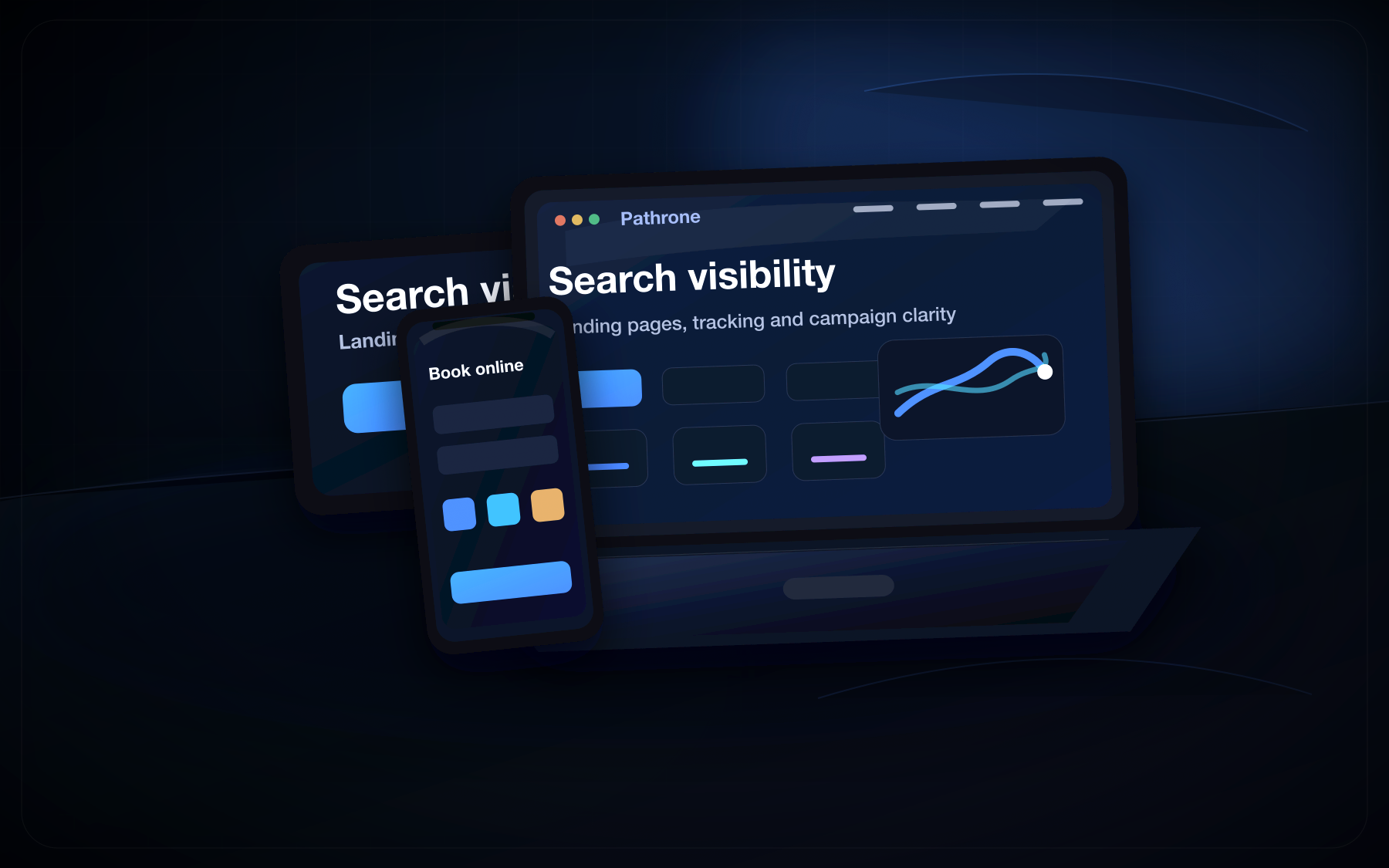 Custom Pathrone SEO and marketing mockup with search visibility dashboard and landing page cards.