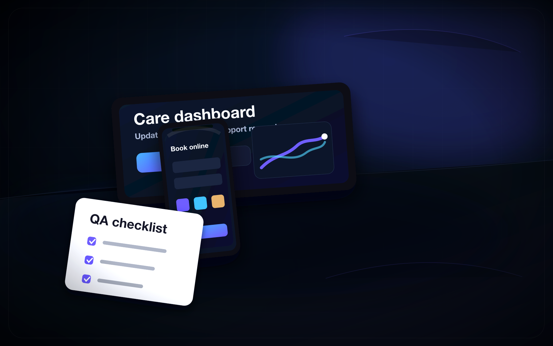 Custom Pathrone support and maintenance mockup with care dashboard, phone and checklist.